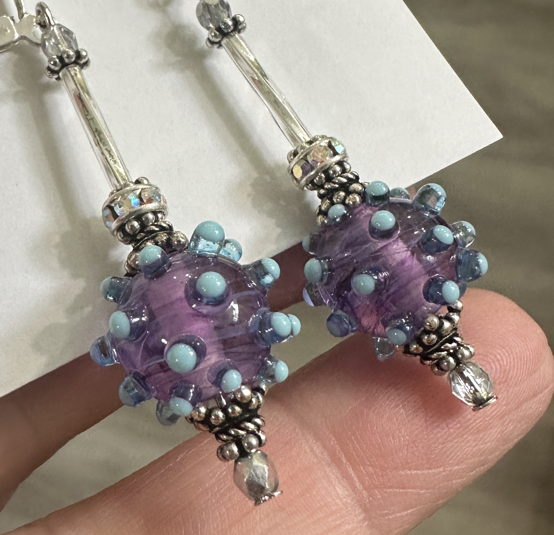 Sky Blue and Amethyst Fantasy Art Glass Earrings-