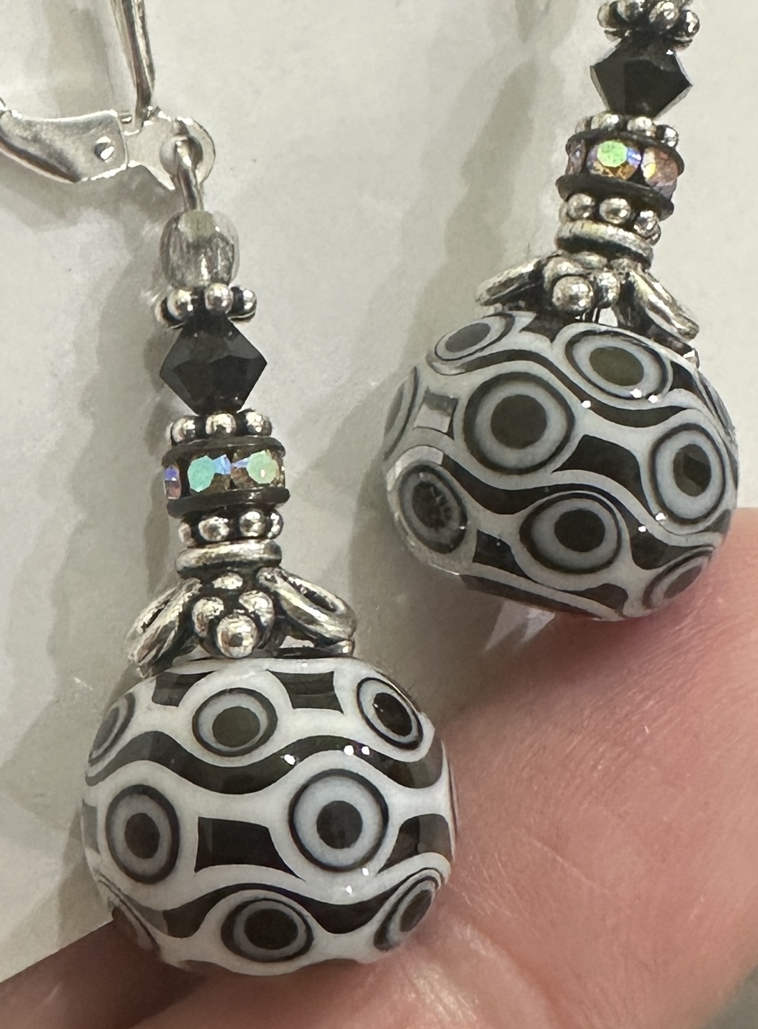 Graphic Dots Black and White Art Glass Earrings-