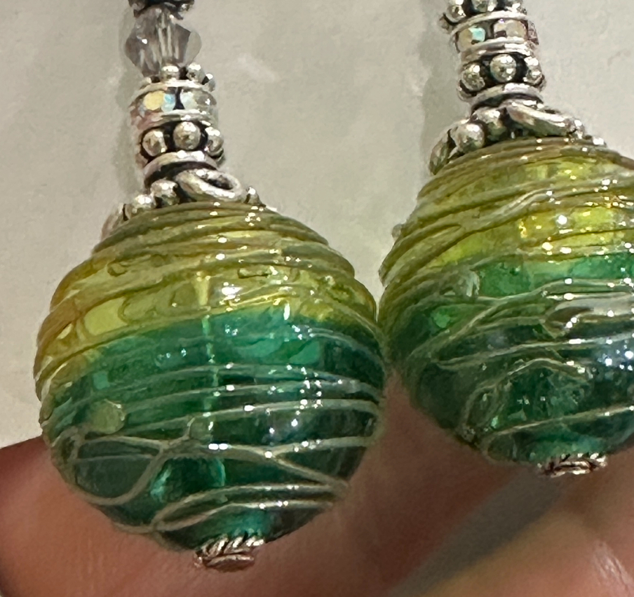 Handblown Chartreuse and Emerald Art Glass Hollows Earrings-