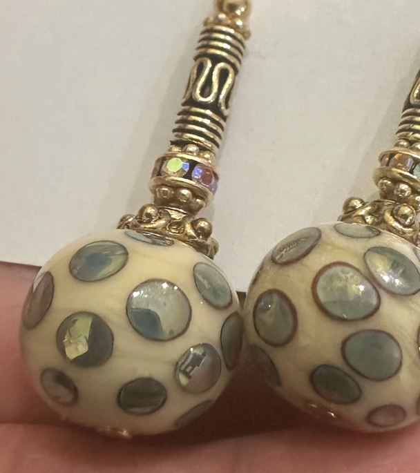 Golden Ivory Iridescent Dots Art Glass Earrings-