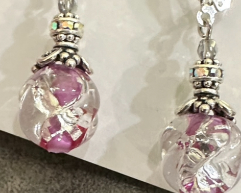 Gorgeous Hot Pink & Silver Foil Art Glass Earrings-