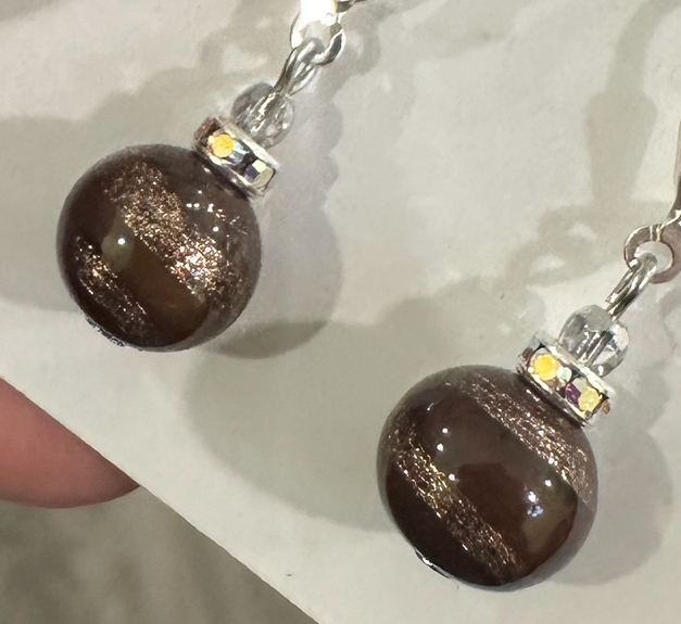 Chocolate Brown Swirled Goldstone Earrings-Sue Shefts, Sue Shefts Designs, Johns Creek, vintage Swarovski crystal, Dunwoody Art Festival, Apple