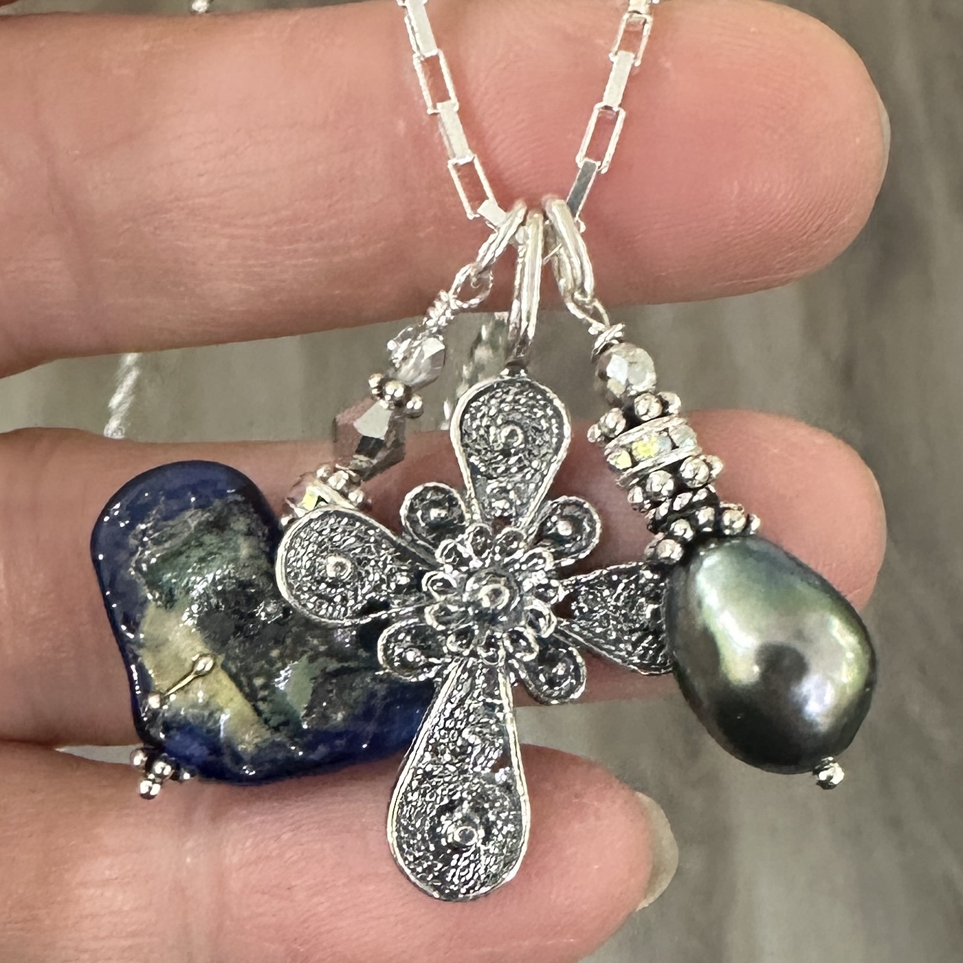 Elegant Blue LOVE Filigree Cross Sterling Silver Trio Necklace