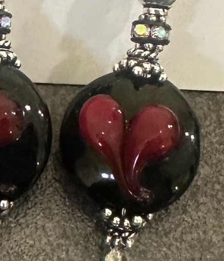 Ruby Hearts on Jet Art Glass Earrings-