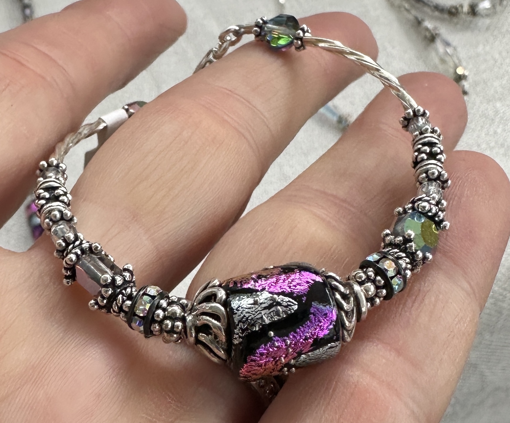 Dichroic Hot Pink and Silver Art Glass Bracelet for WL-